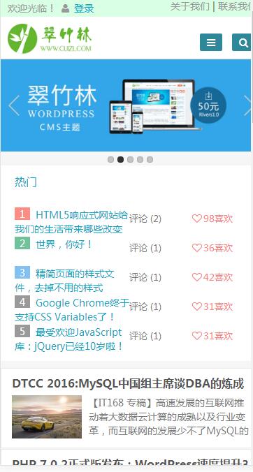 蓝白色两栏响应式免费wordpress博客主题：手机端首页预览