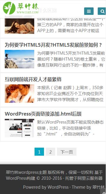 蓝白色两栏响应式免费wordpress博客主题：手机端底部预览