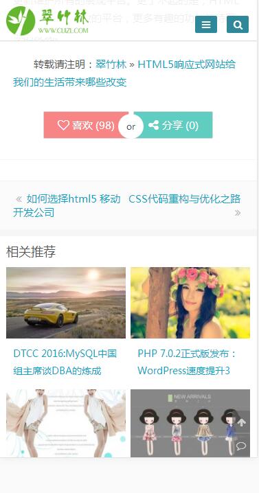 蓝白色两栏响应式免费wordpress博客主题：手机端相关推荐预览